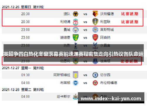 英超争四白热化冬窗落幕赛前速递赛程密集走向引热议各队命运